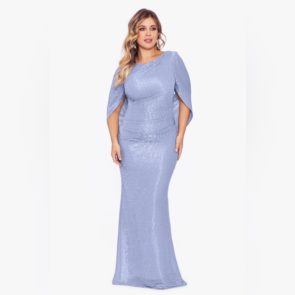 Lavender Sequin Cape-Sleeve Evening Gown